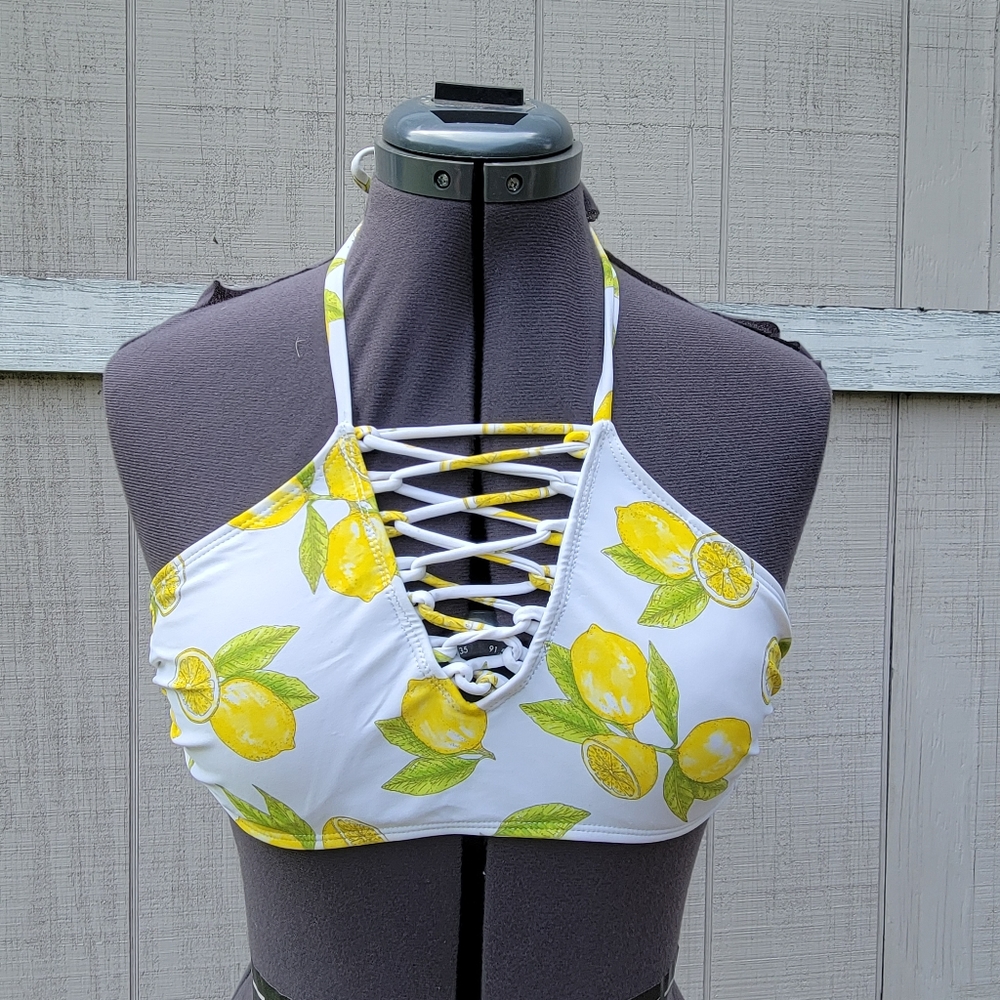 Ika-Kul Fruit Lemon Garden Fruit Print High Neck Halter Tie Bikini Top Medium M